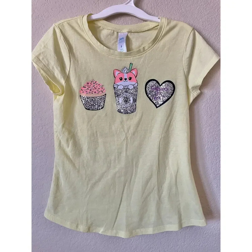 Lot Of 3 Justice Glitter Foil Corgi Puppuccino Dream Catcher Girls Tops Size 8